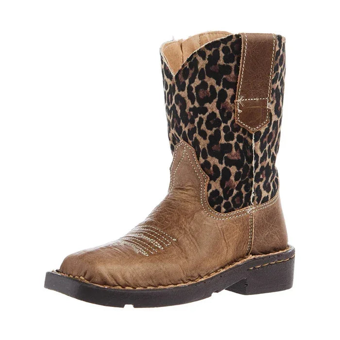 Girl's Roper Brown Leather Vamp with Cheetah Top Square Toe Boot
