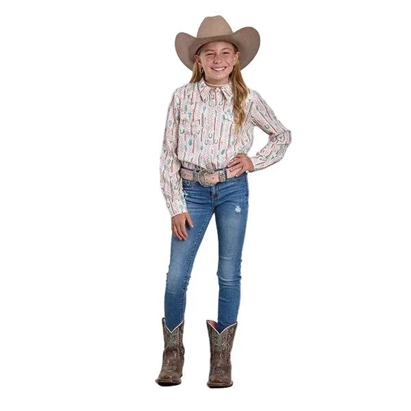 Girl's Roper Long Sleeve Checkered and Striped Printed Button Up Shirt 03-080-0590-5060