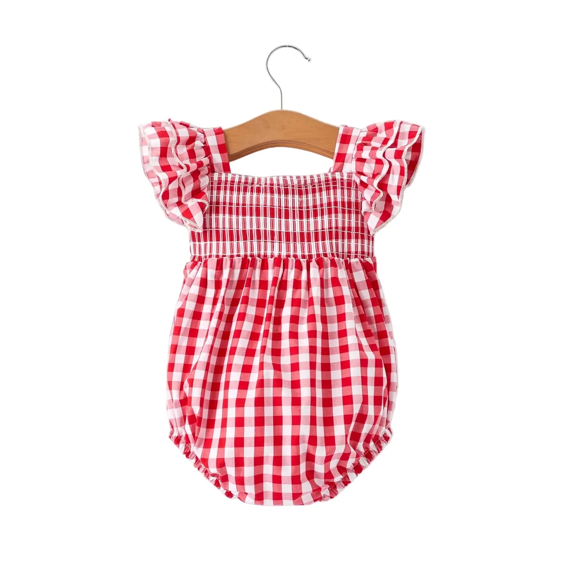Girl's Summer Plaid Smocked Ruffle Sleeves Onesie