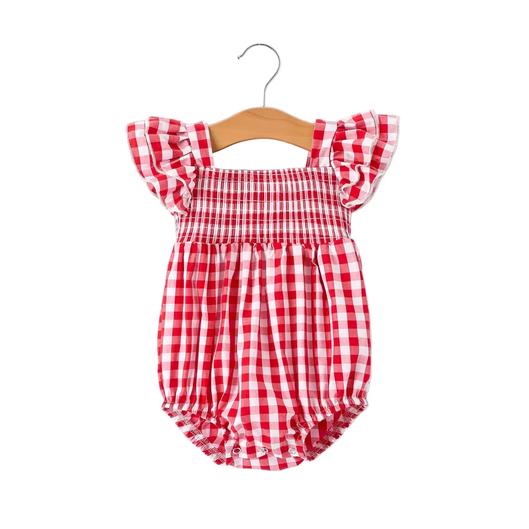 Girl's Summer Plaid Smocked Ruffle Sleeves Onesie
