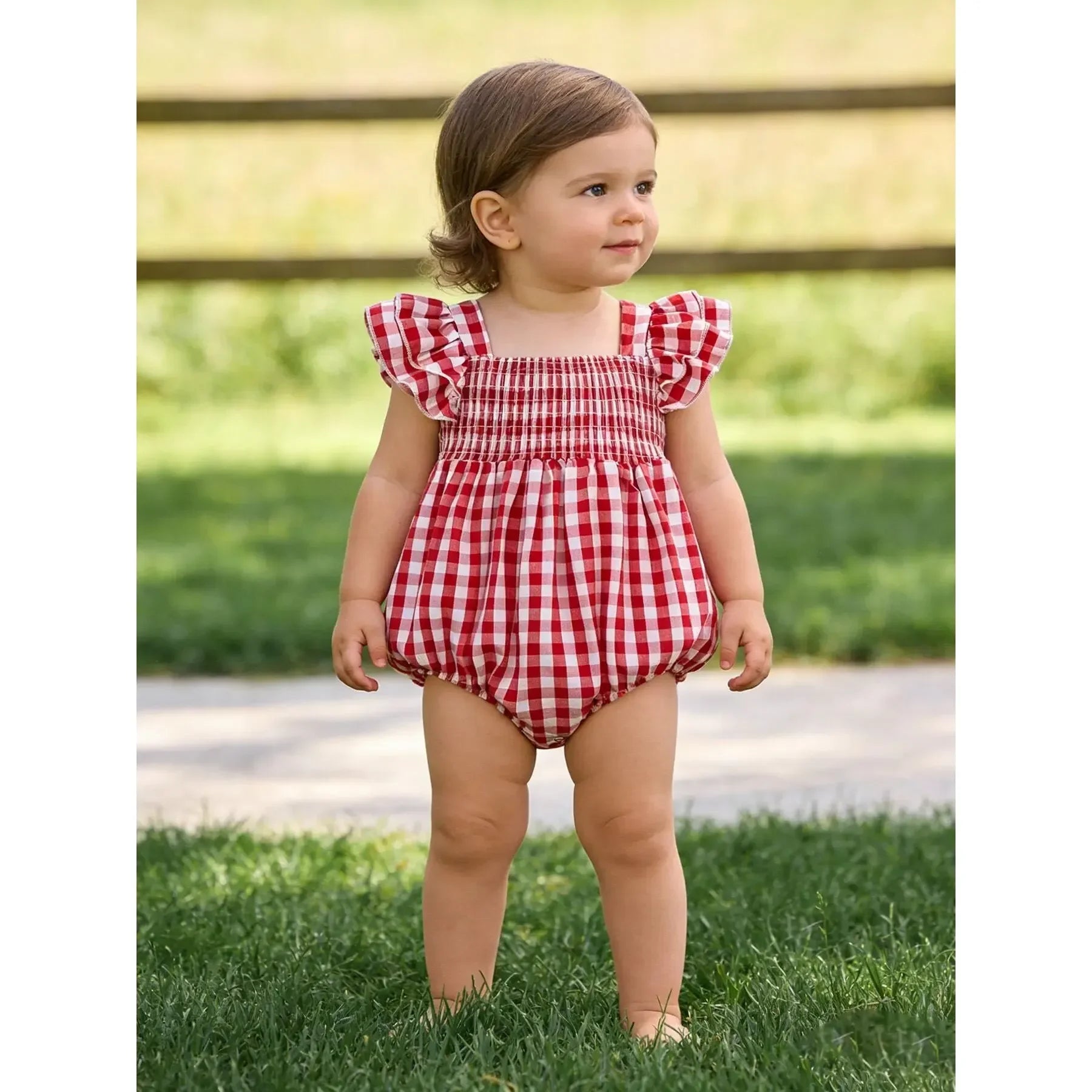Girl's Summer Plaid Smocked Ruffle Sleeves Onesie