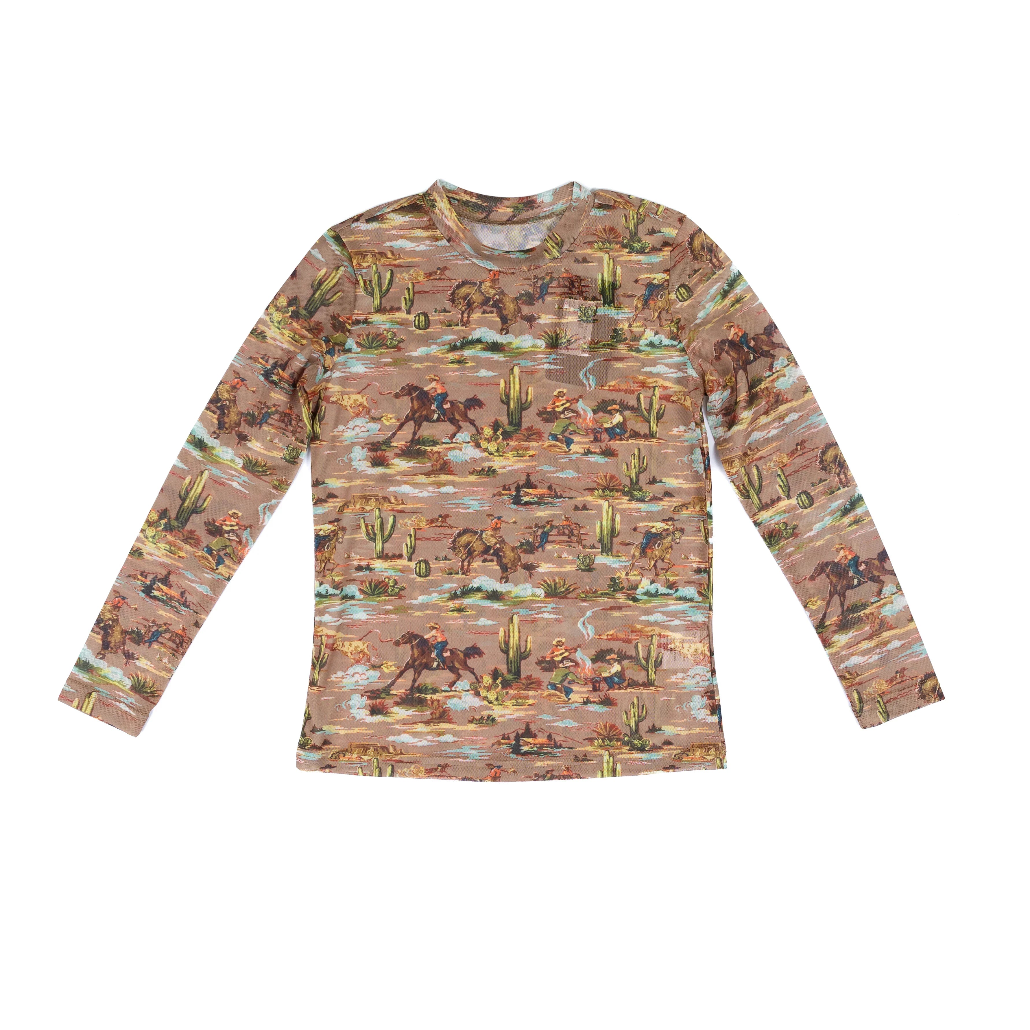 Girl's Twisted Filly Long Sleeve Cowboy Printed Mesh Top