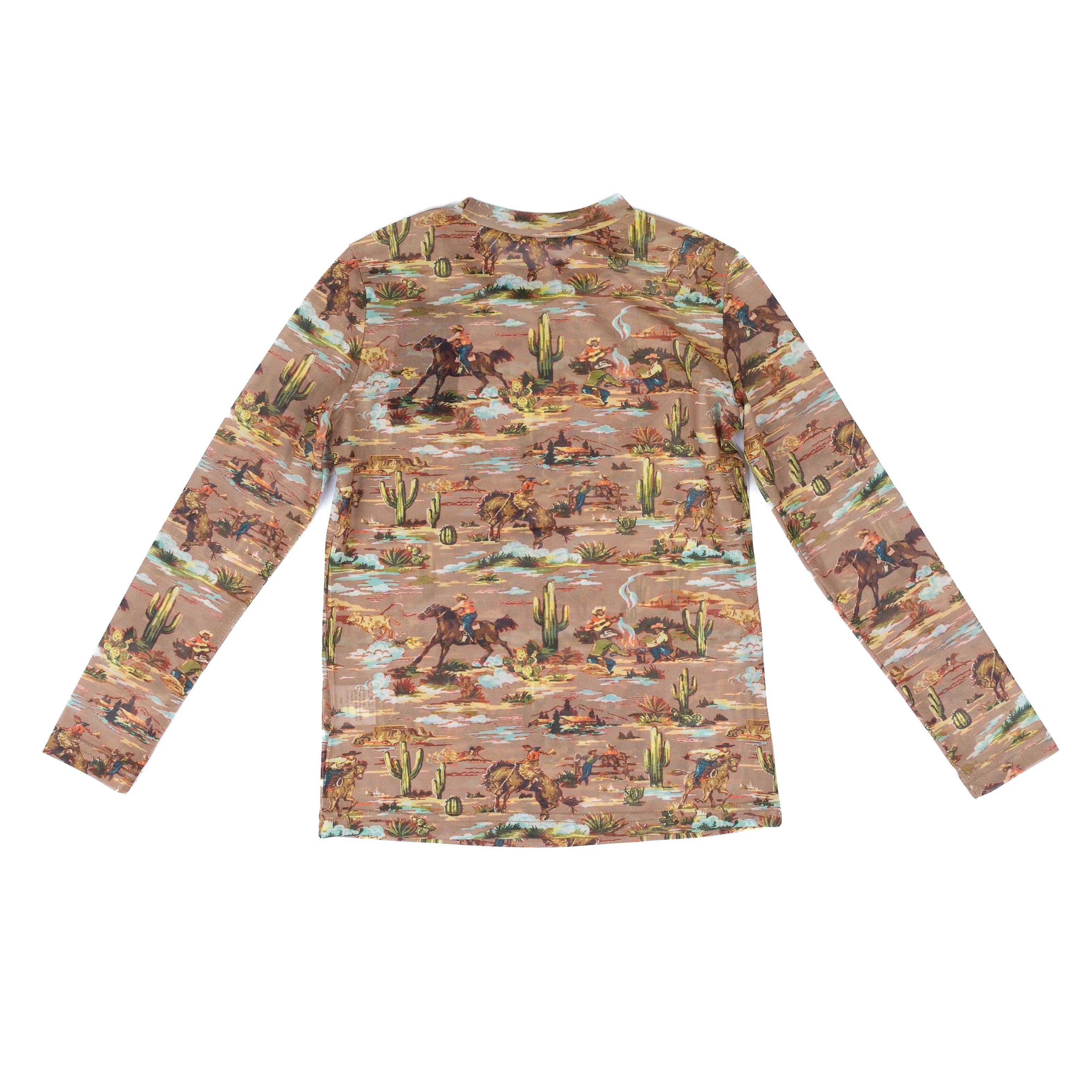 Girl's Twisted Filly Long Sleeve Cowboy Printed Mesh Top