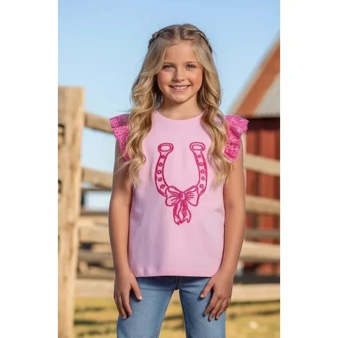 Girl's Youth Pink Horse Shoes Ruffle Sleeves T-shirt