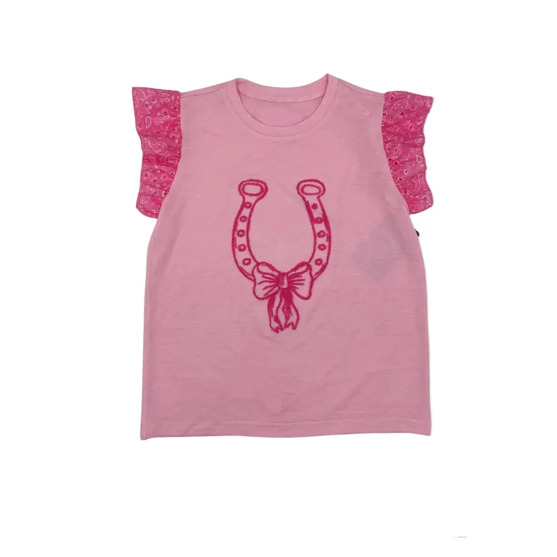 Girl's Youth Pink Horse Shoes Ruffle Sleeves T-shirt