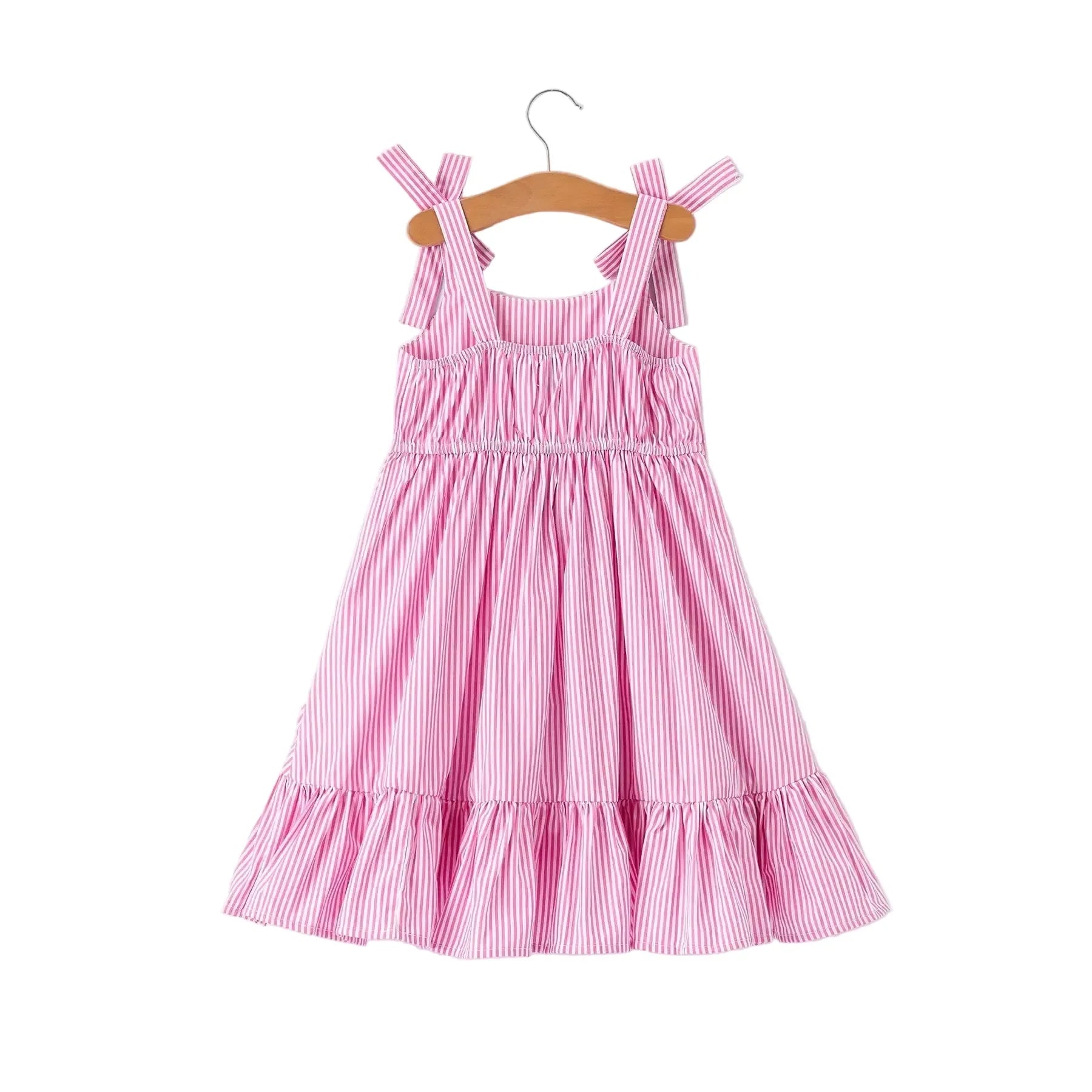 Girl's Youth Pink Striped Ruffle Bow Dress