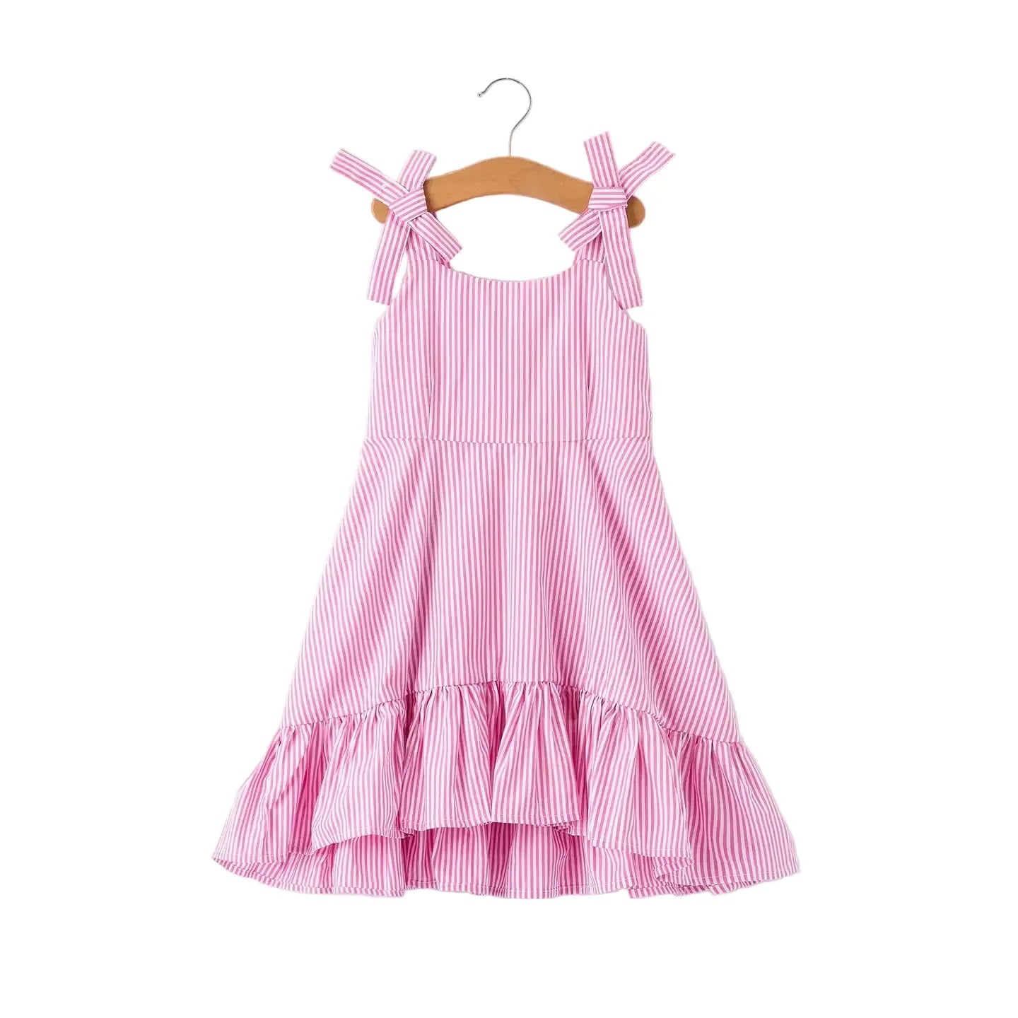 Girl's Youth Pink Striped Ruffle Bow Dress