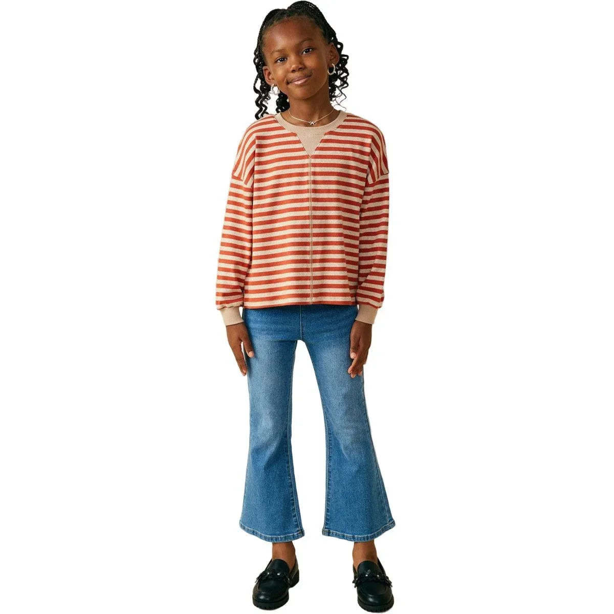 Girls Contrast Band Stitch Detail Striped Knit Top GY9726