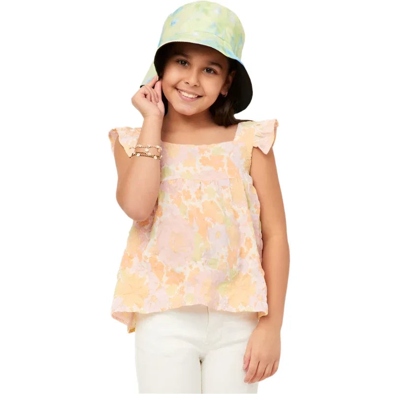 Girls Hayden Textured Floral Button Back Ruffle Tank GY5970 - Crazy House Western Wear