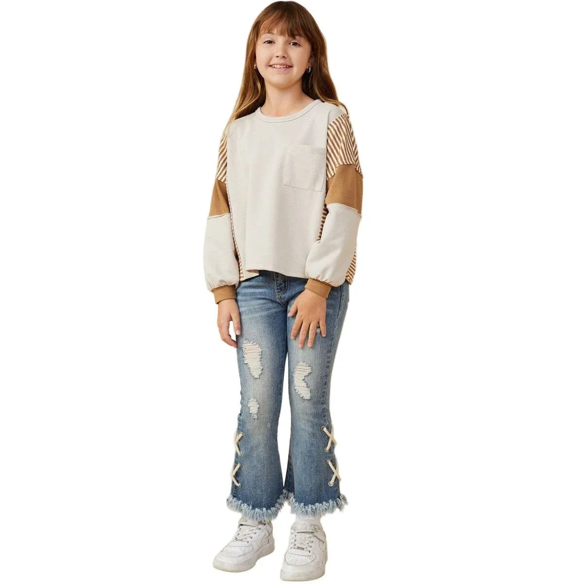 Girls Stripe And Color Block Sleeve Detail Knit