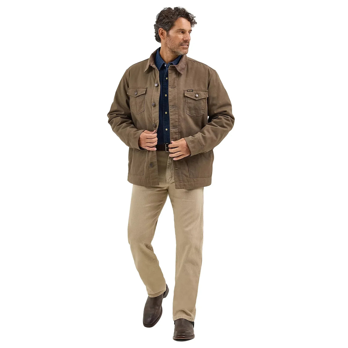 Man wearing a brown jacket and beige pants on a white background