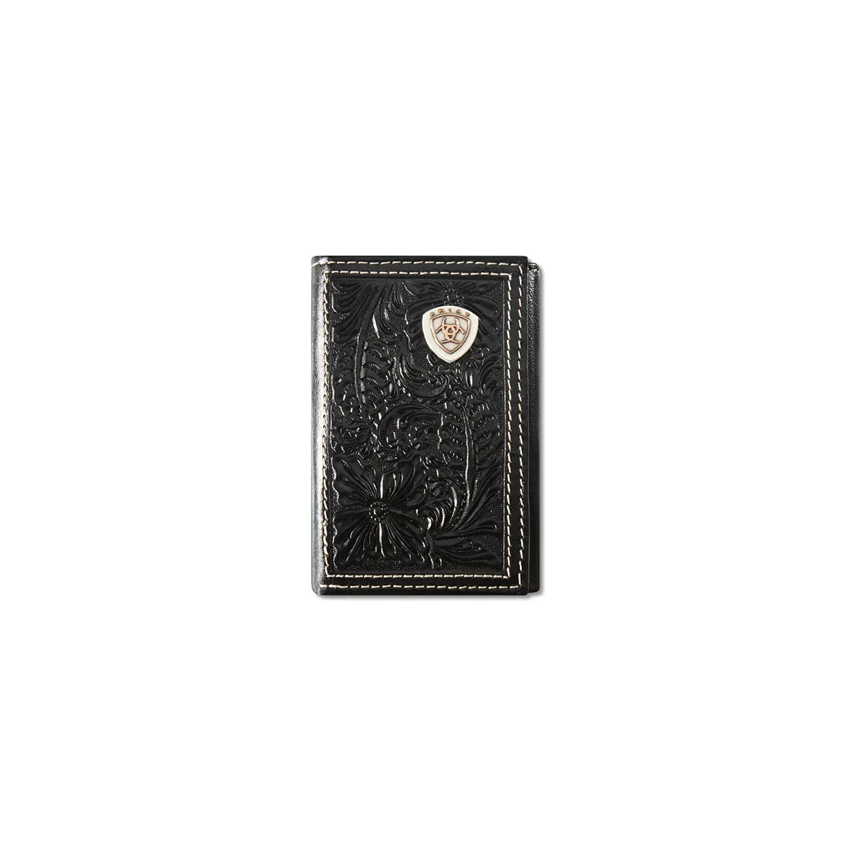 Men's Ariat Black 100% Leather Trifold Style Floral Designed Wallet A3559901 - Crazy House Western Wear