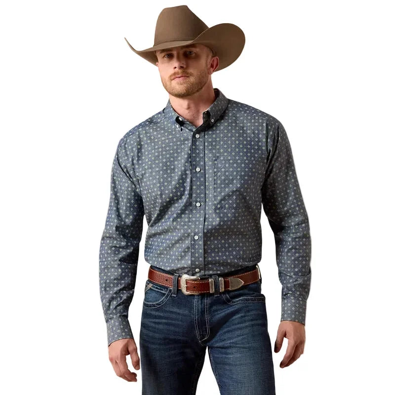 Men's Ariat Chambray Blue Wrinkle Free Walden Classic Fit Shirt 10073684