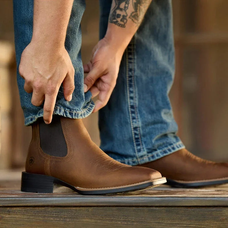 Men's Ariat Distressed Tan Booker Chelsea Wide Square Toe Western Boot 10031452