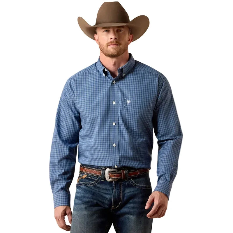Men's Ariat Ensign Blue Plaid Wrinkle Free Canyon Classic Fit Shirt 10071746