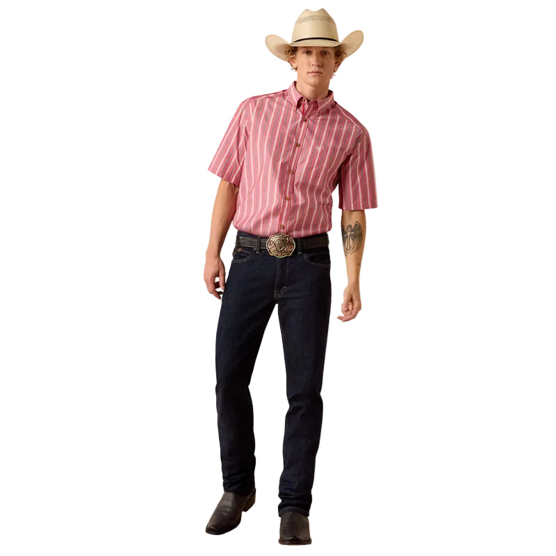 Men's Ariat Hibiscus Red Stripe Pro Series Bobby Classic Fit Shirt 10073604