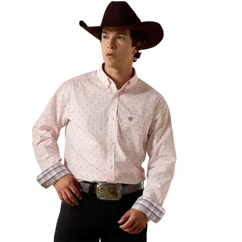 Men's Ariat Pink Geo Print Wrinkle Free Wally Fitted Shirt 10073690