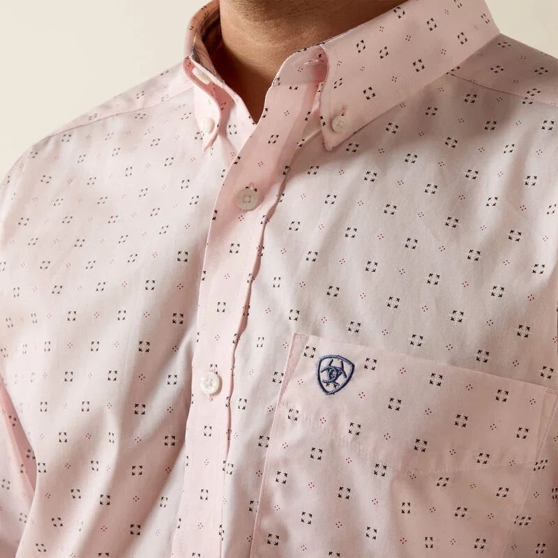 Men's Ariat Pink Geo Print Wrinkle Free Wally Fitted Shirt 10073690