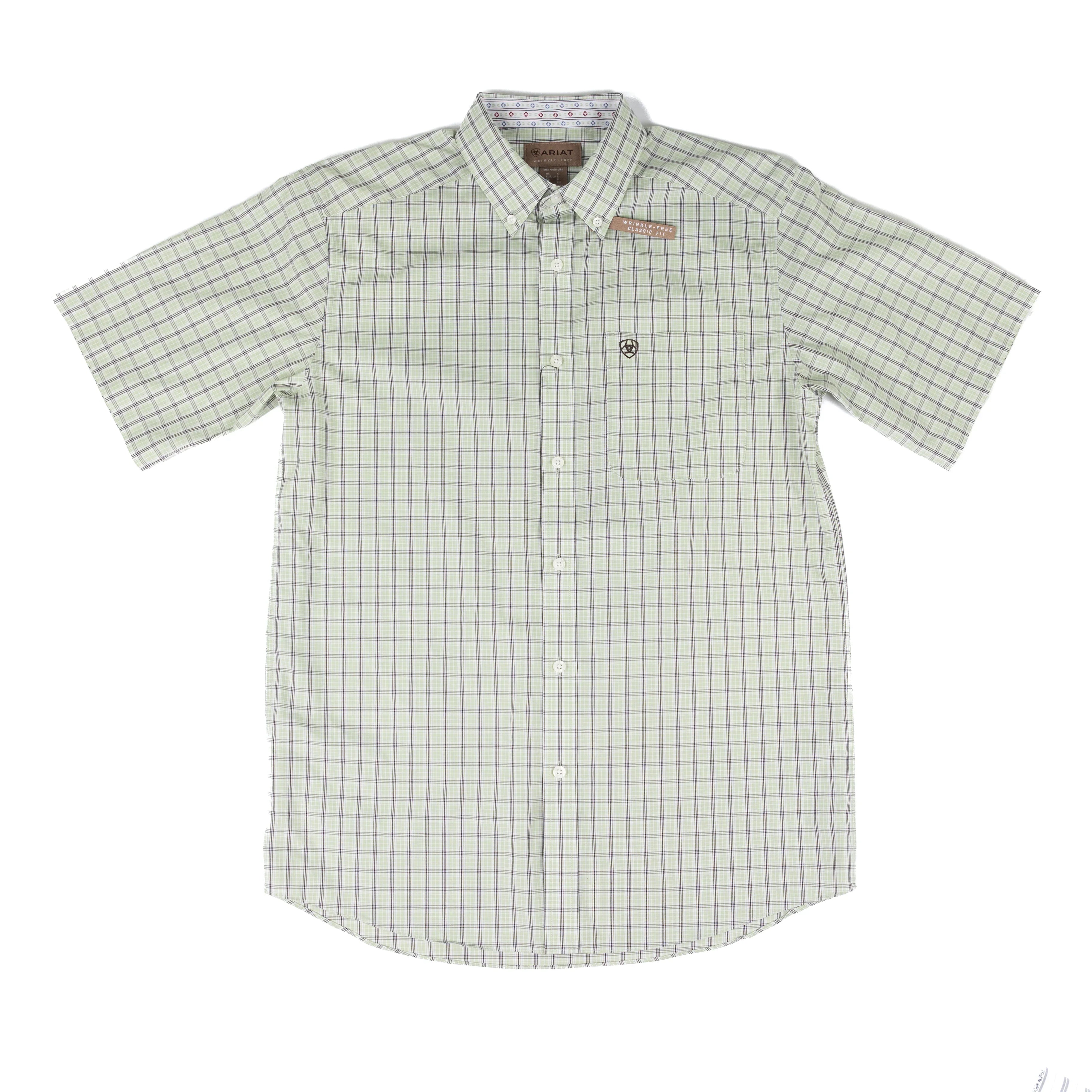 Men's Ariat Short Sleeve Green Plaid Wrinkle Free Classic Fit Shirt 10073695