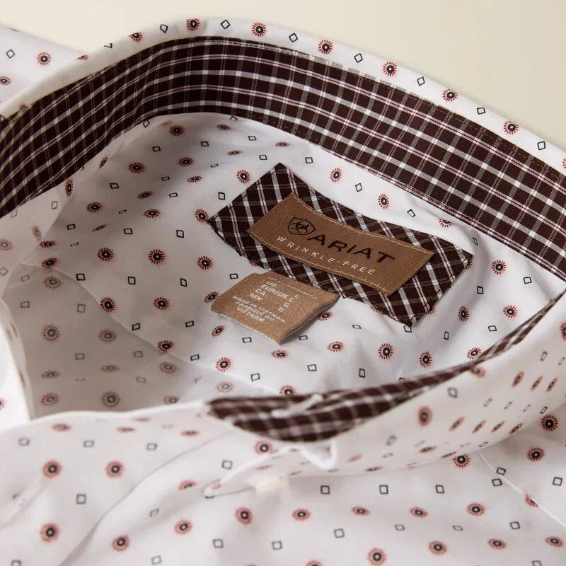 Men's Ariat White Geo Print Wrinkle Free Waverly Classic Fit Shirt 10073681