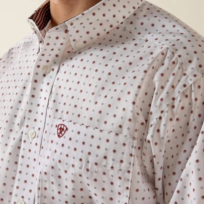 Men's Ariat White Geo Print Wrinkle Free Waverly Classic Fit Shirt 10073681