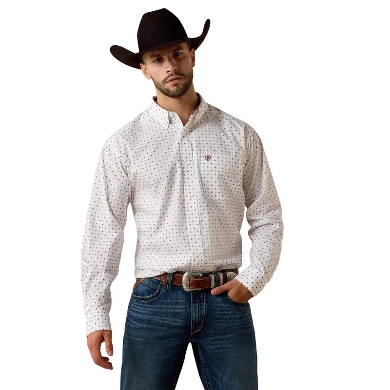 Men's Ariat White Geo Print Wrinkle Free Waverly Classic Fit Shirt 10073681