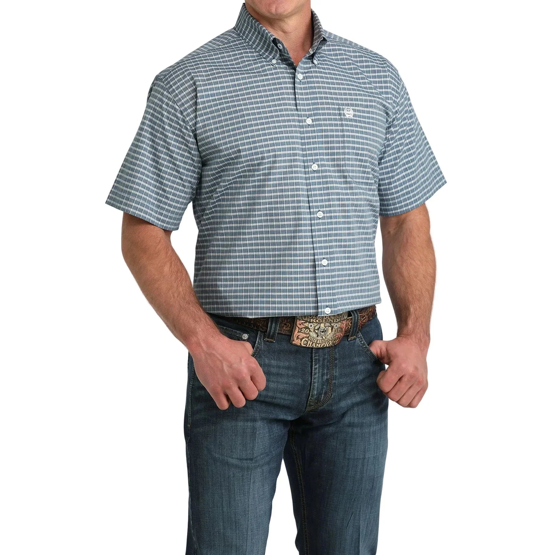 Men's Cinch Blue and White Short Sleeve Button Up Shirt MTW1111503