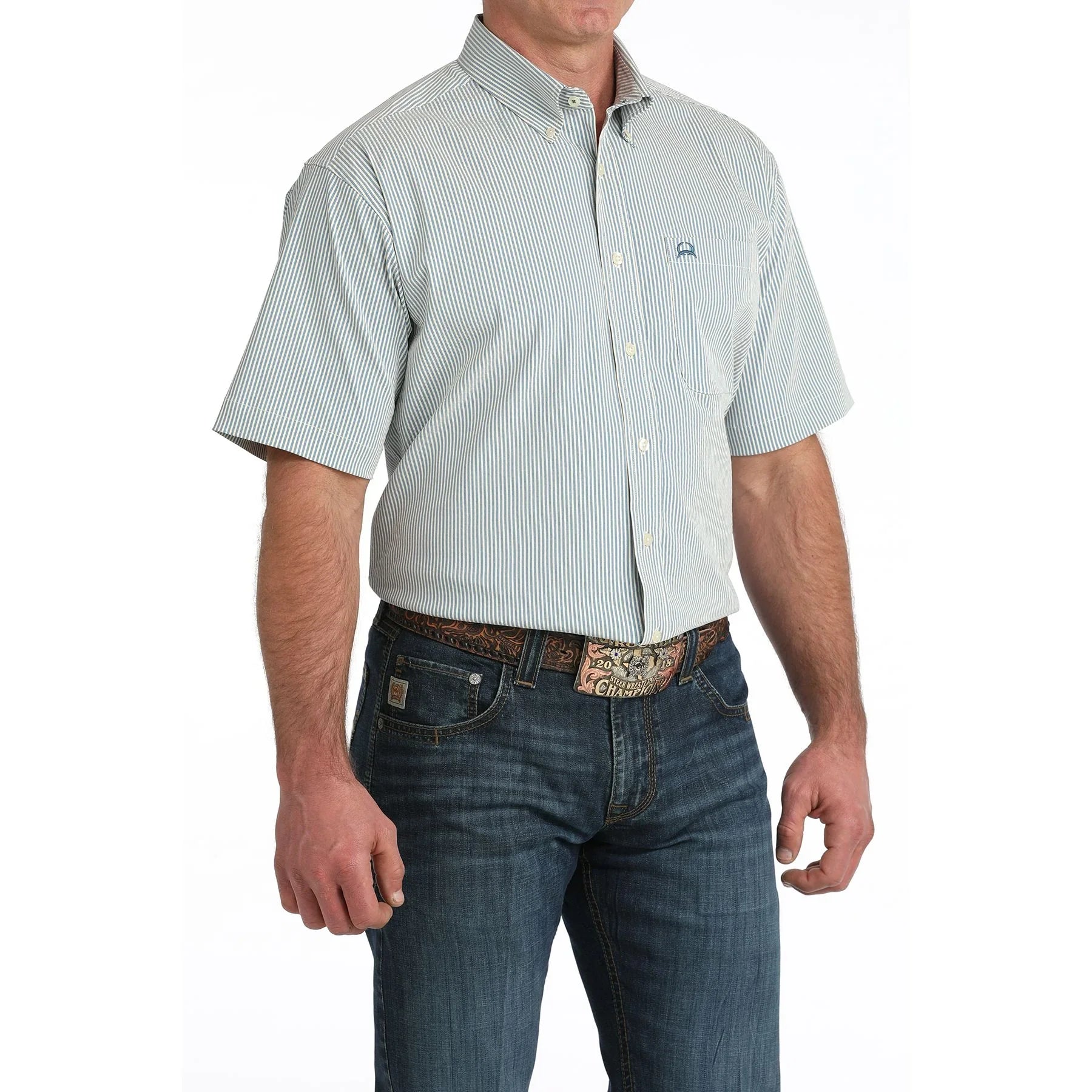 Men's Cinch Blue Striped Arenaflex Short Sleeve Shirt MTW1704166