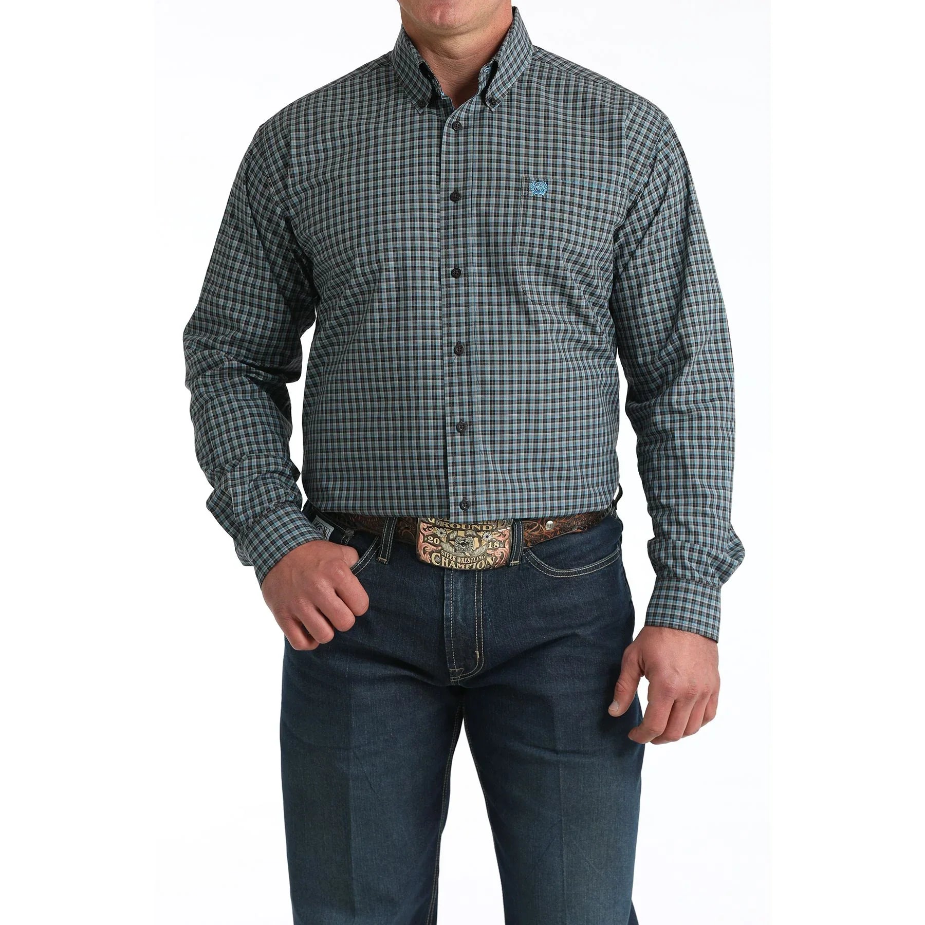 Men's Cinch Brown/Blue Small Plaid Classic Fit Button-Down Western Shirt MTW1106006