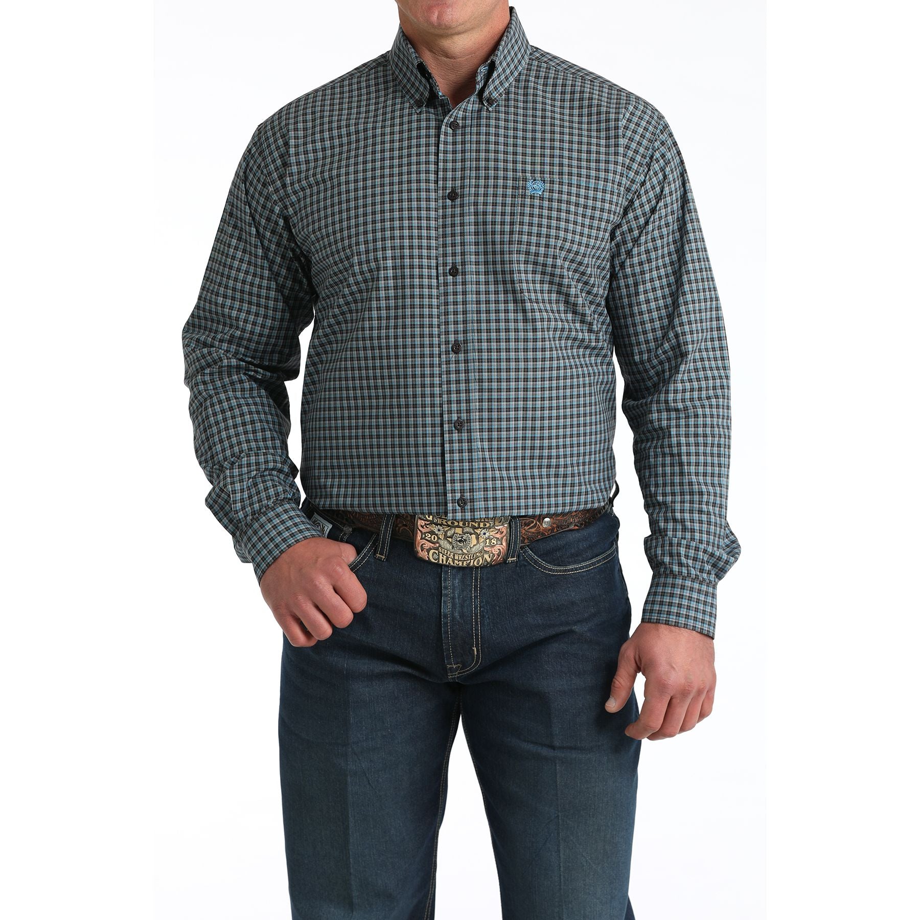 Men's Cinch Brown/Blue Small Plaid Classic Fit Button-Down Western Shirt MTW1106006
