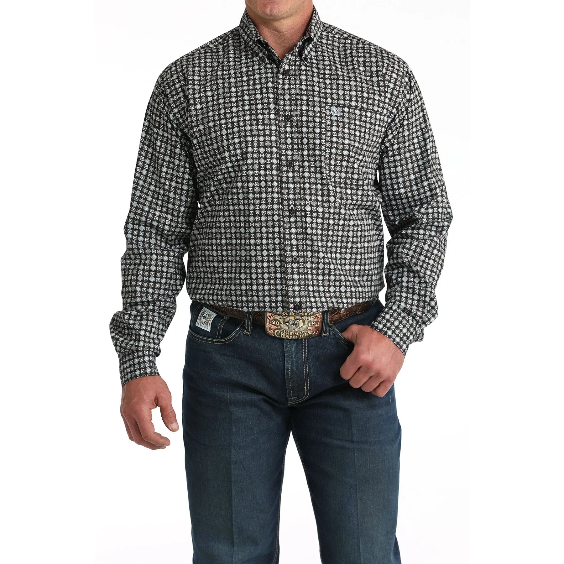 Men's Cinch Brown Geometric Print Button Down Shirt MTW1106002