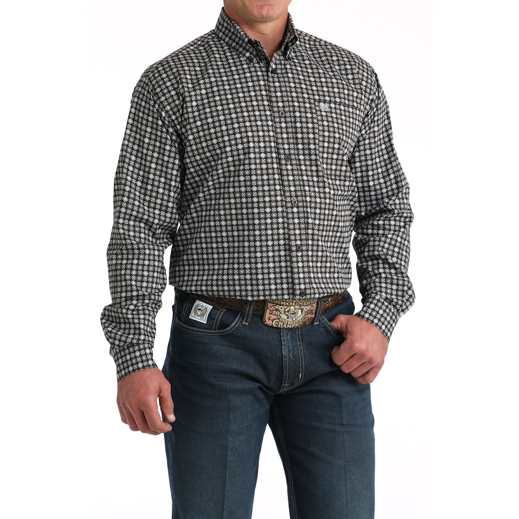 Men's Cinch Brown Geometric Print Button Down Shirt MTW1106002
