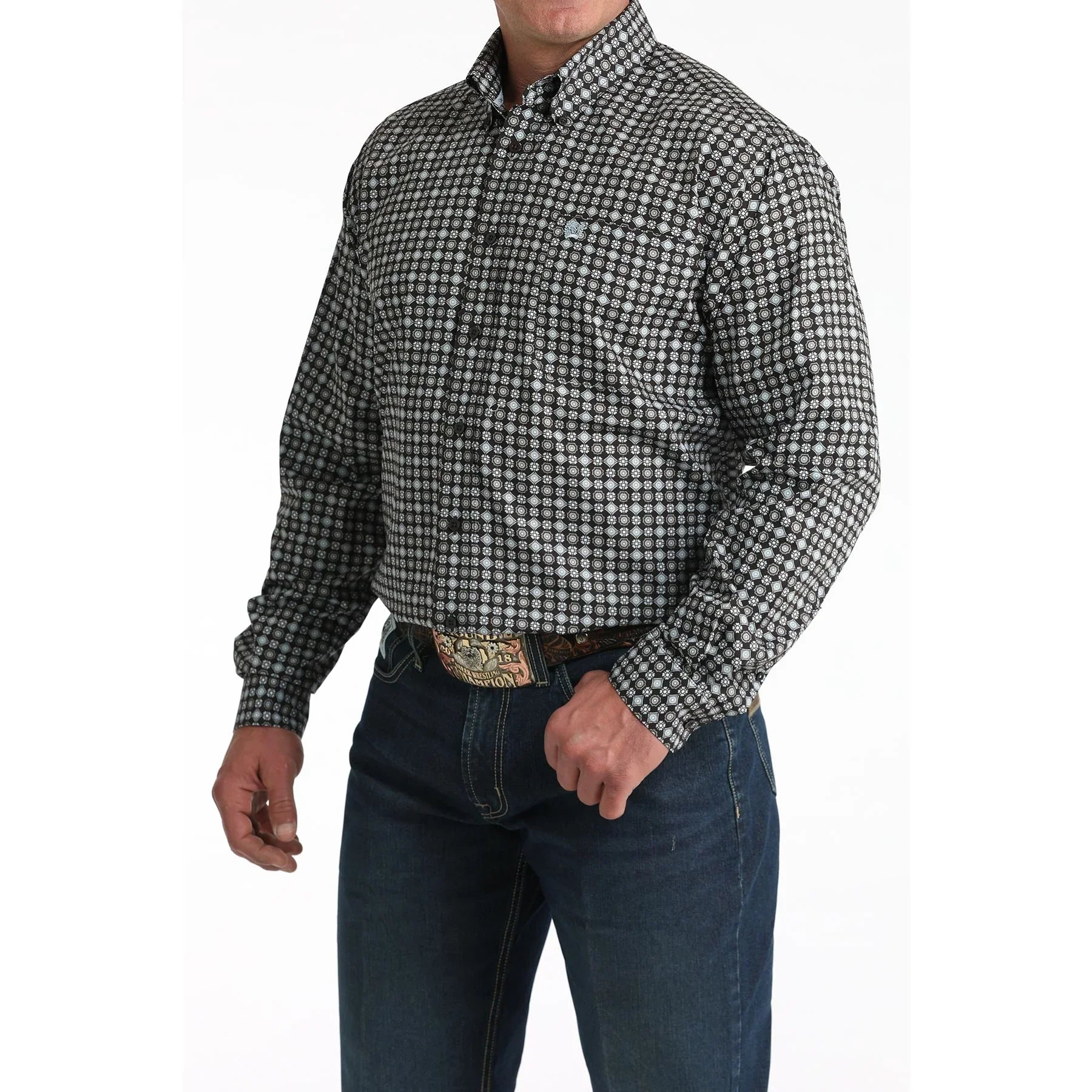 Men's Cinch Brown Geometric Print Button Down Shirt MTW1106002