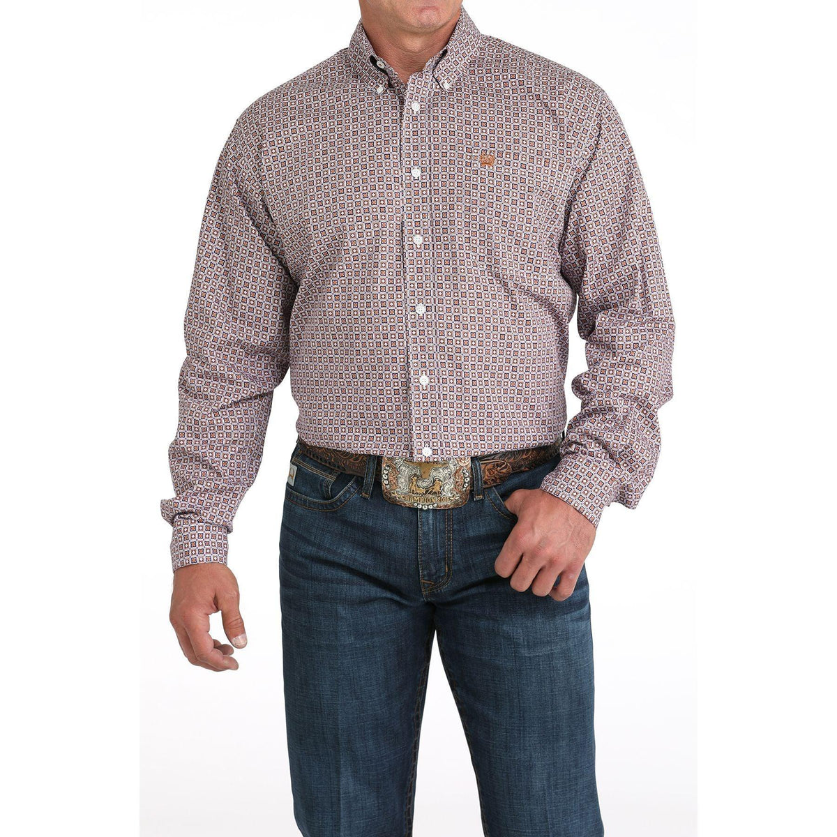 Men's Cinch Brown Geometric Print Long Sleeve Shirt MTW1105977