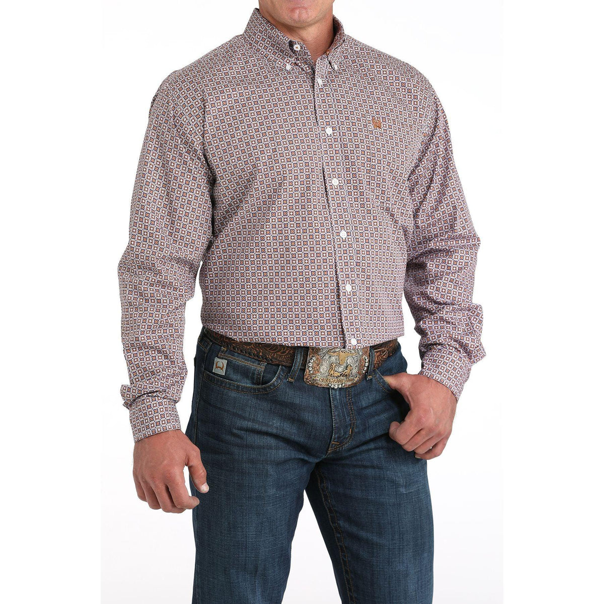 Men's Cinch Brown Geometric Print Long Sleeve Shirt MTW1105977