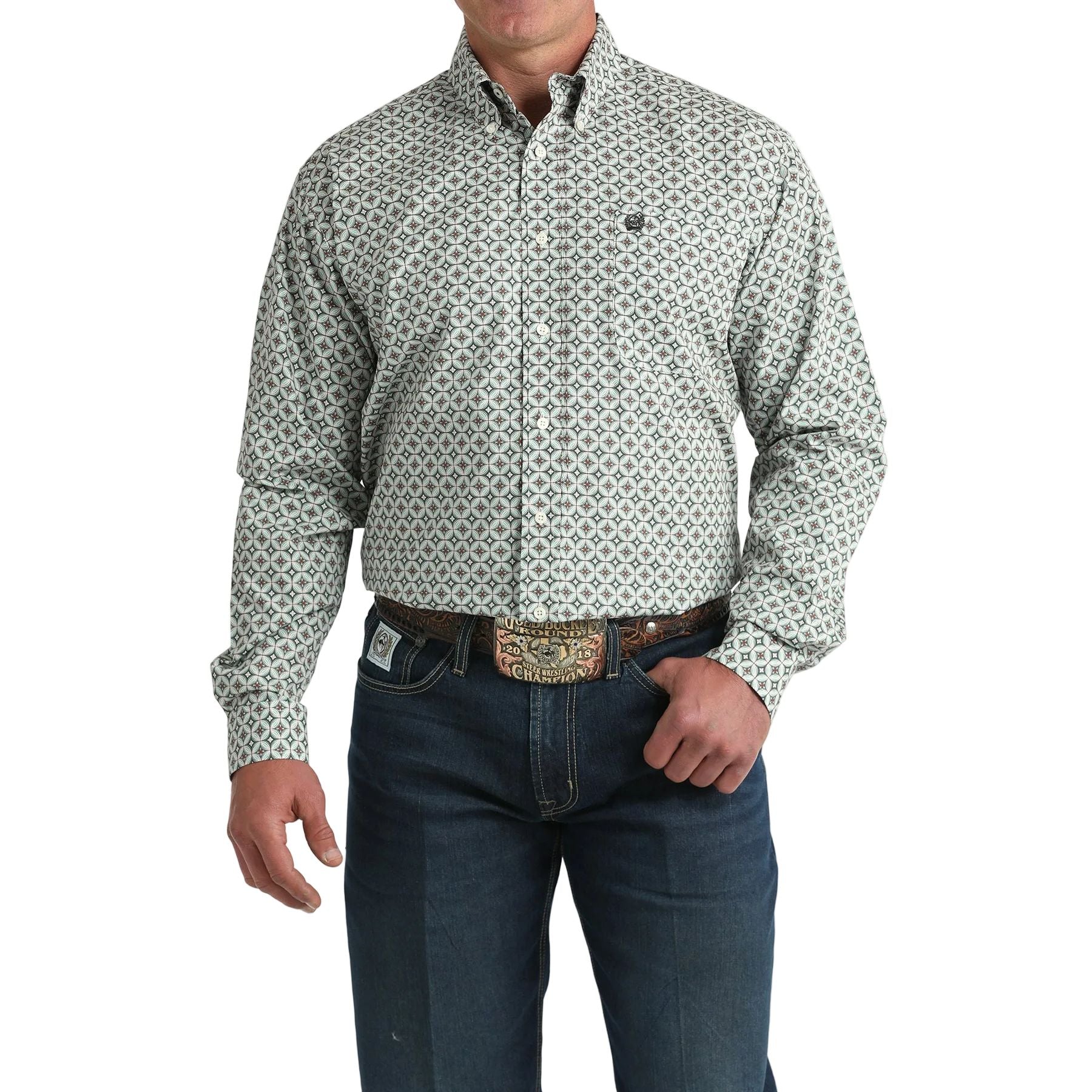 Men's Cinch Cream Diamond Print Button Down Shirt MTW1106033