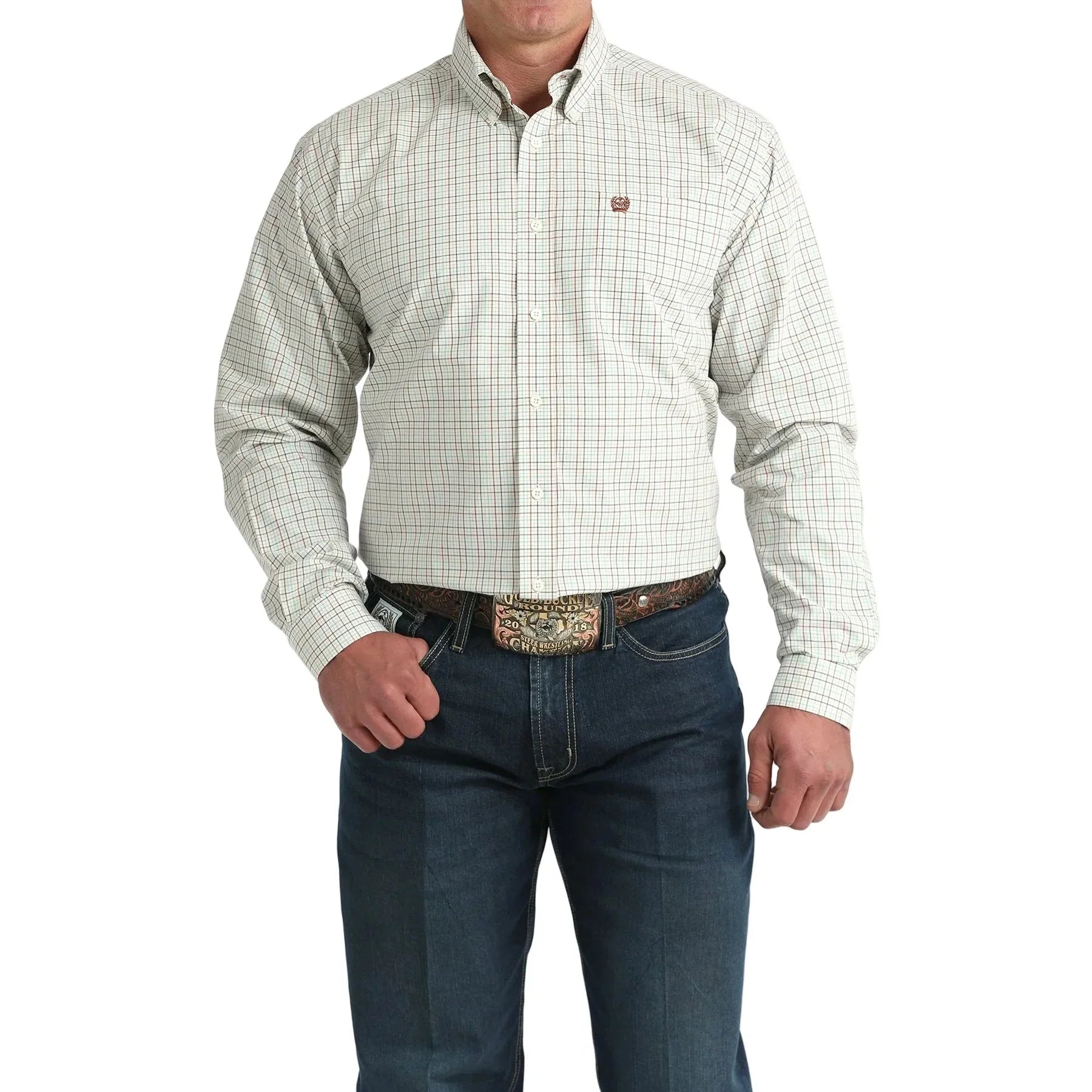 Men's Cinch Cream Grid Classic Fit Long Sleeve Button Down Shirt MTW1106035