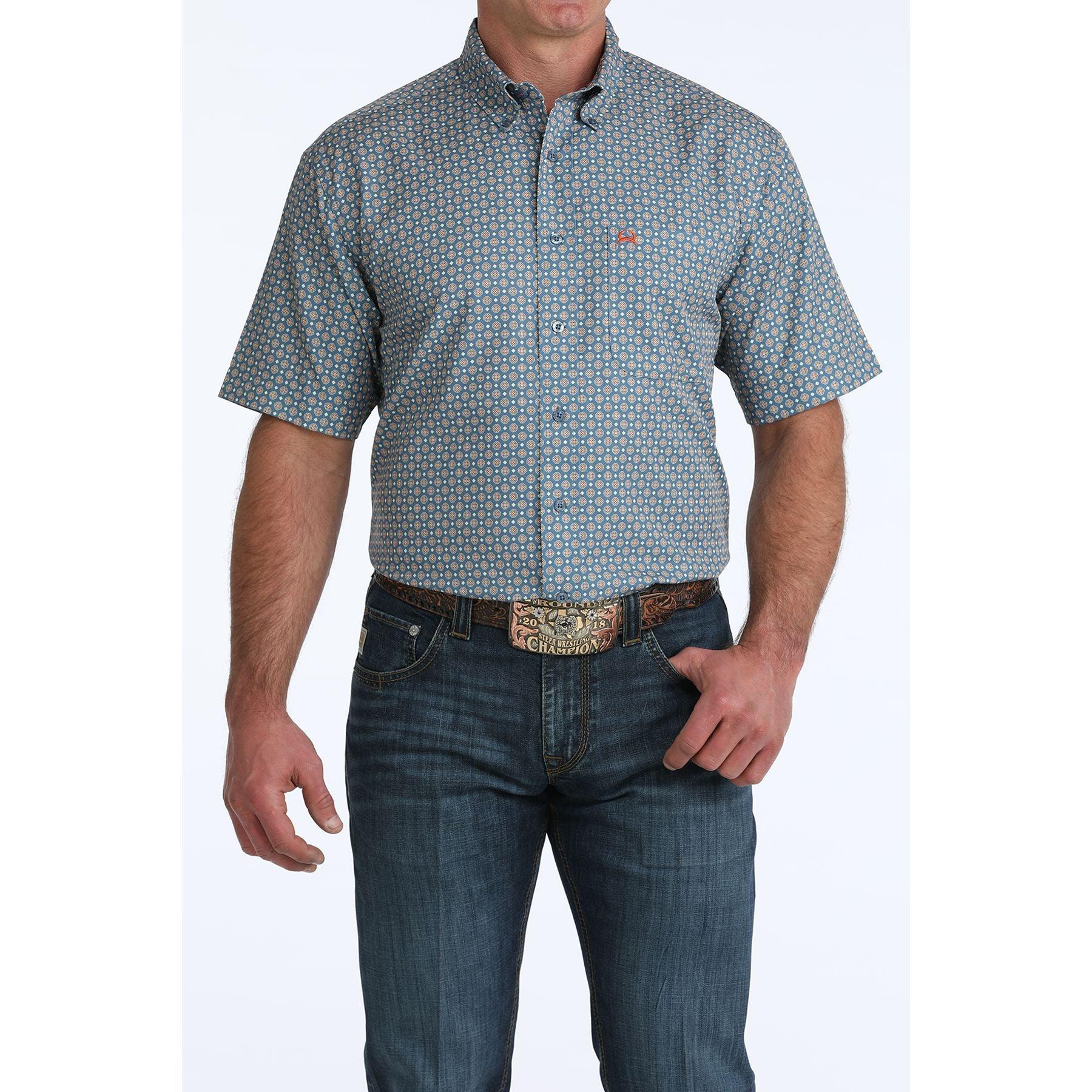 Men's Cinch Geometric Print Arenaflex Short Sleeve Button Up MTW1704165