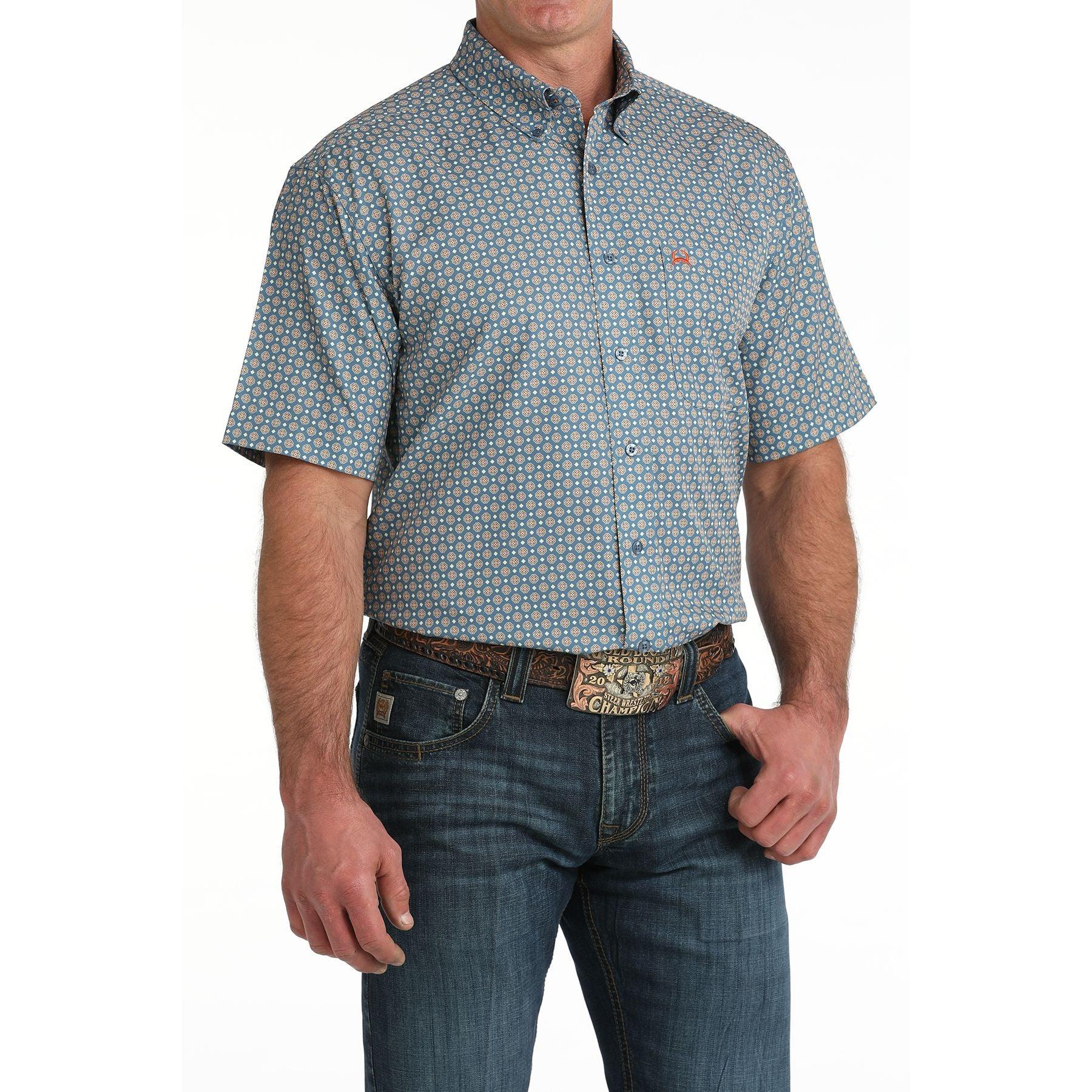 Men's Cinch Geometric Print Arenaflex Short Sleeve Button Up MTW1704165