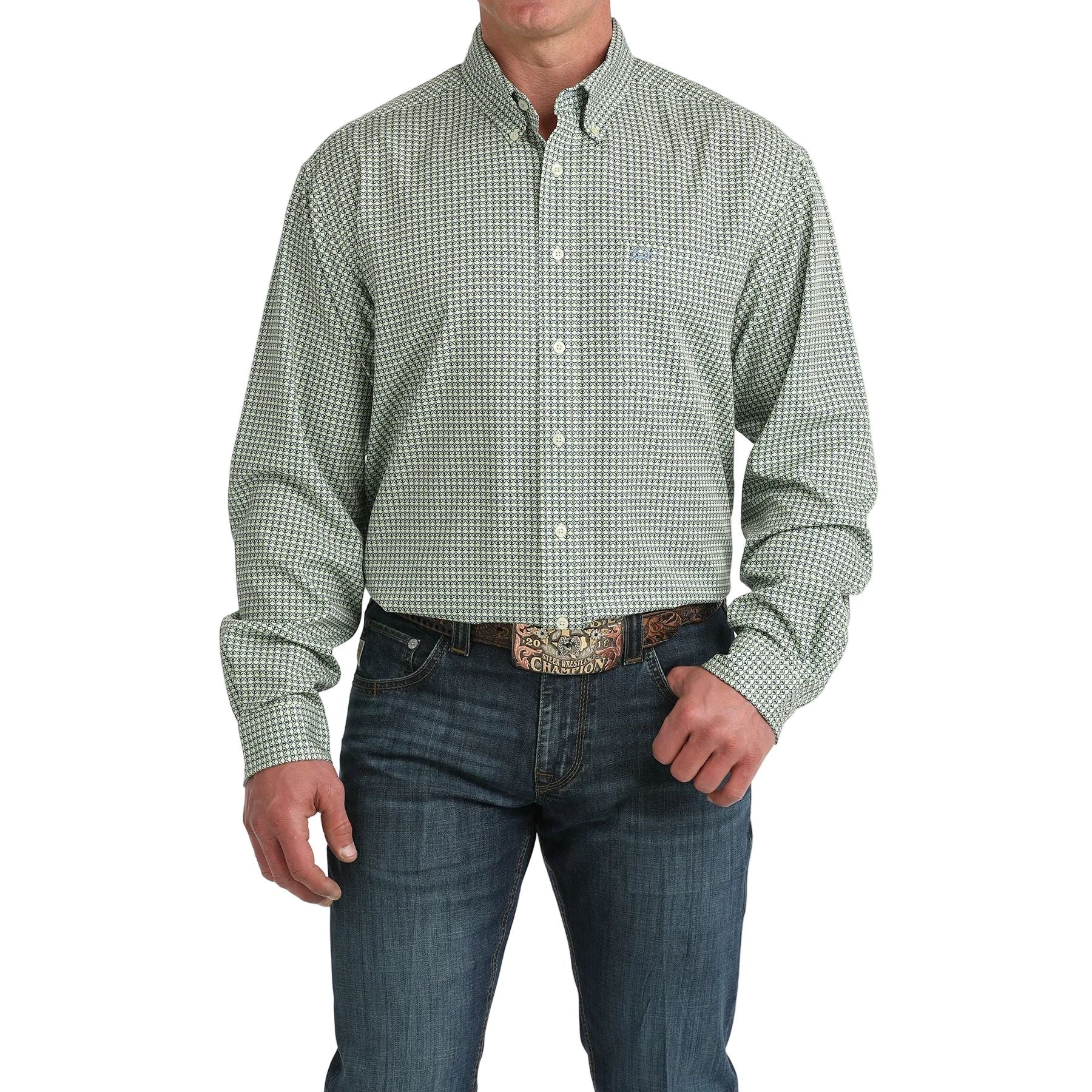 Men's Cinch Green Printed Arenaflex Button Down Shirt MTW1862041