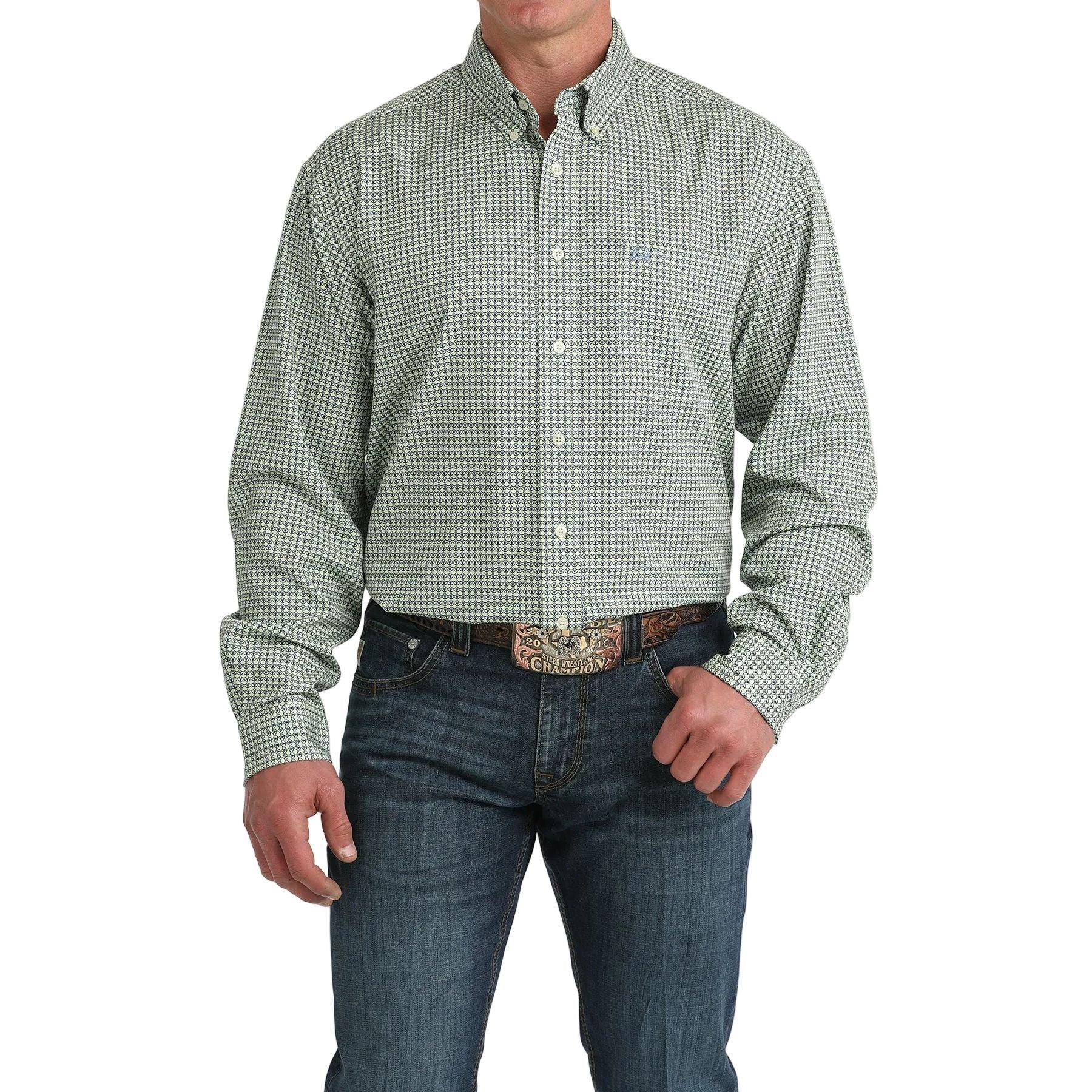 Men's Cinch Green Printed Arenaflex Button Down Shirt MTW1862041