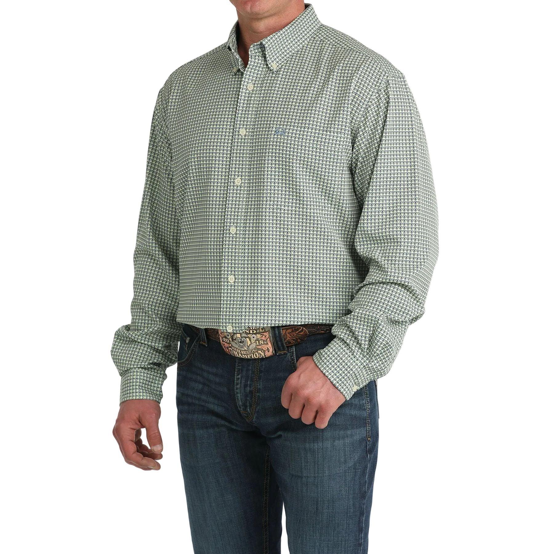 Men's Cinch Green Printed Arenaflex Button Down Shirt MTW1862041
