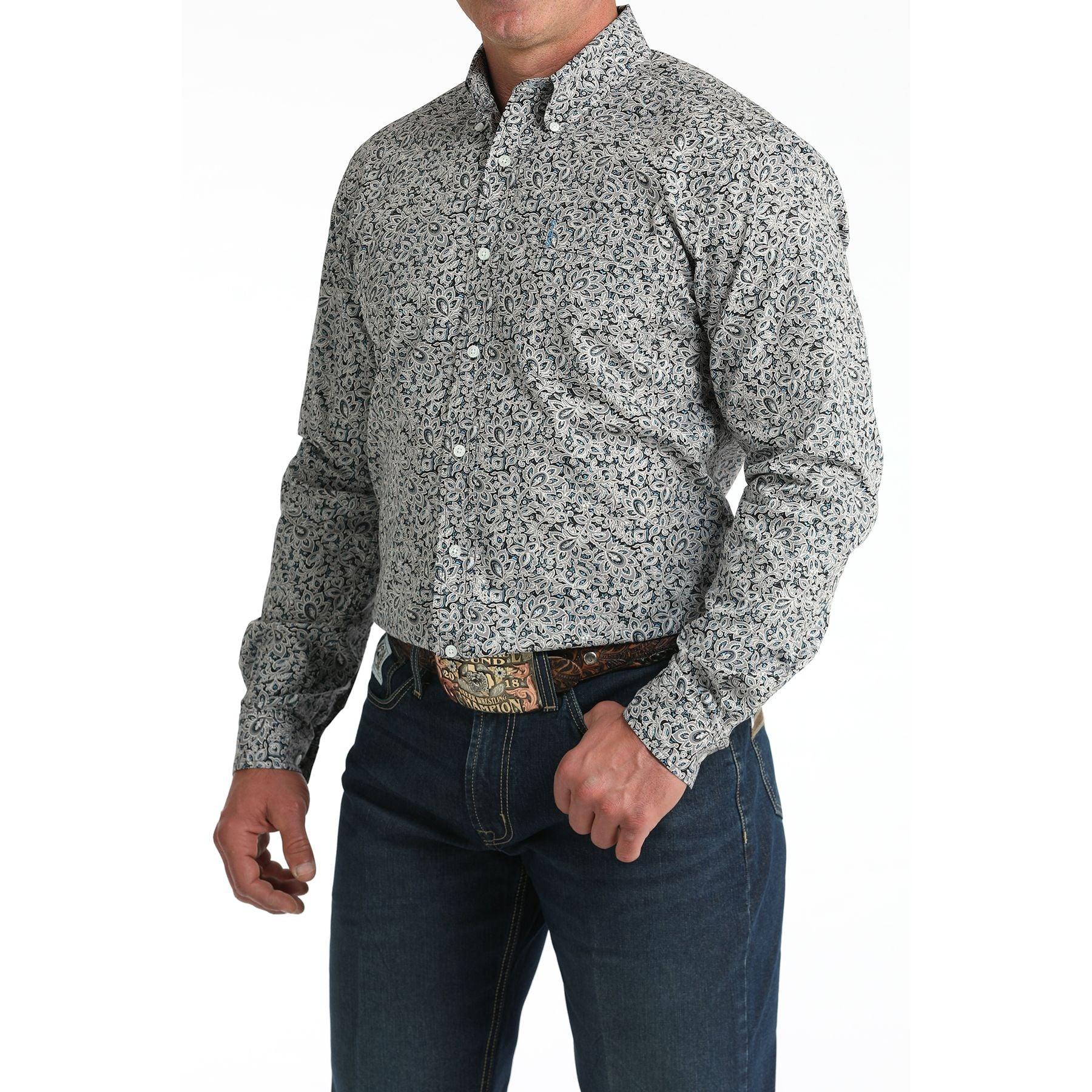 Men's Cinch Grey Floral Print Modern Fit Shirt MTW1347144
