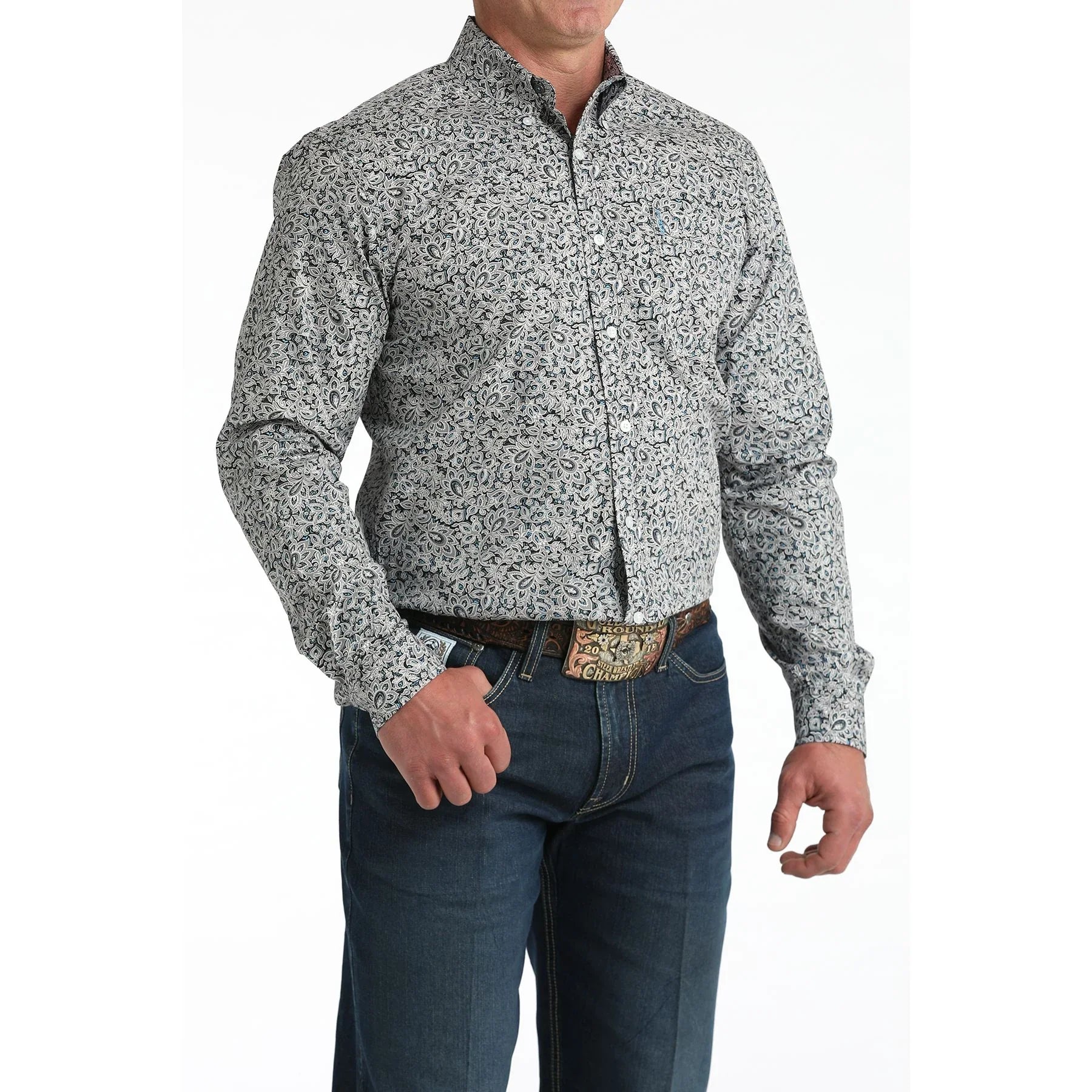 Men's Cinch Grey Floral Print Modern Fit Shirt MTW1347144
