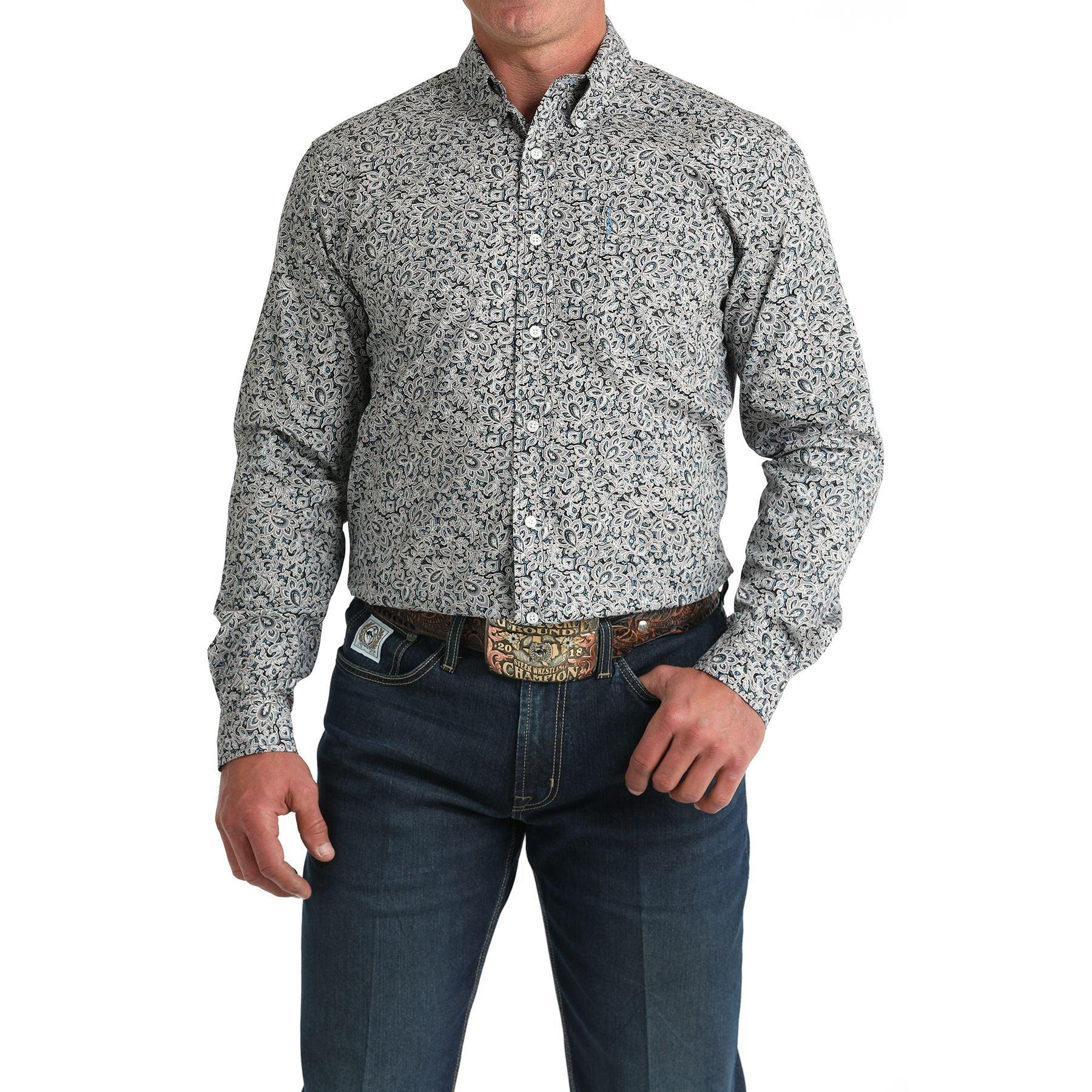 Men's Cinch Grey Floral Print Modern Fit Shirt MTW1347144