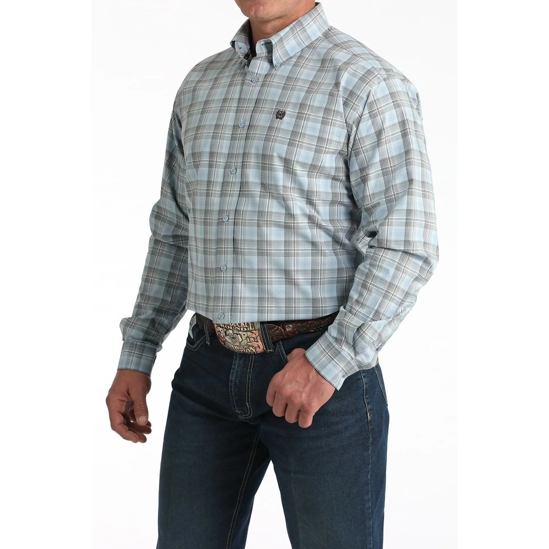 Men's Cinch Light Blue Plaid Long Sleeve Shirt MTW1106000
