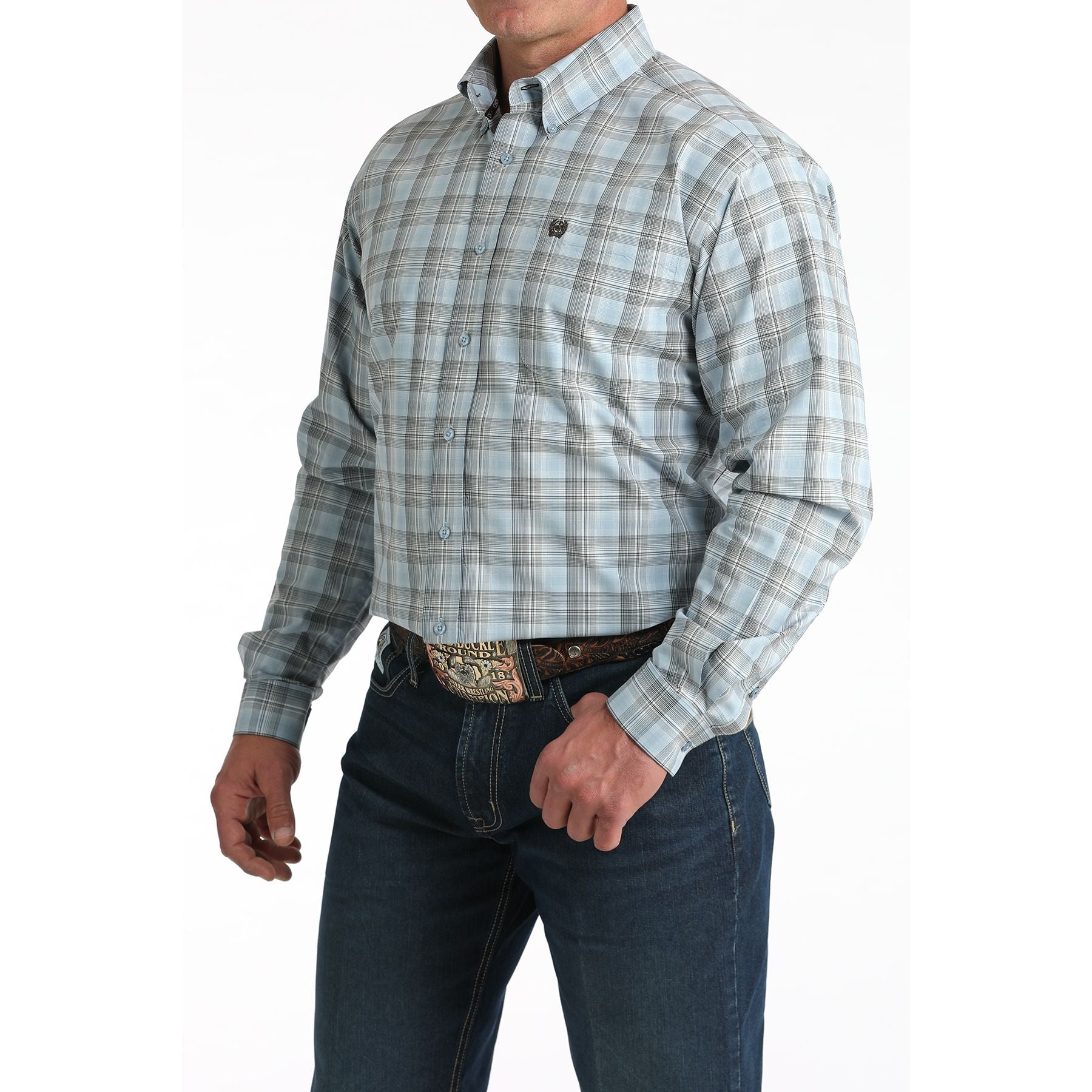 Men's Cinch Light Blue Plaid Long Sleeve Shirt MTW1106000