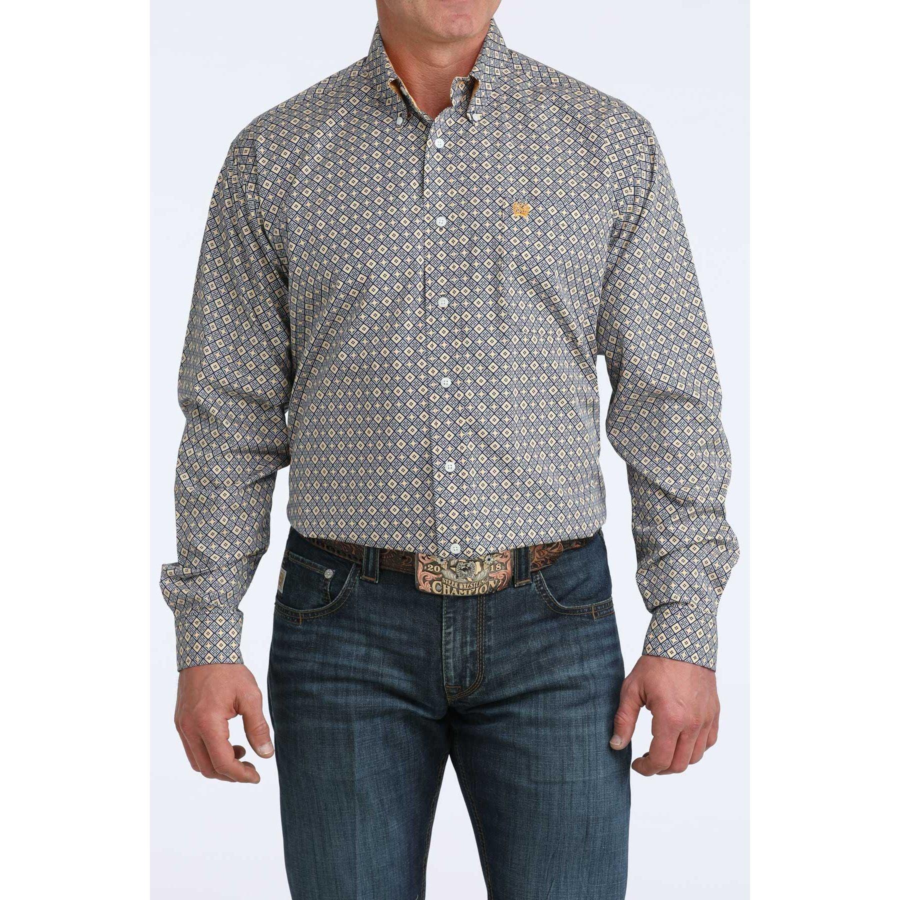 Men's Cinch Long Sleeve Blue and Yellow Geo Print Button Up Shirt MTW1106073