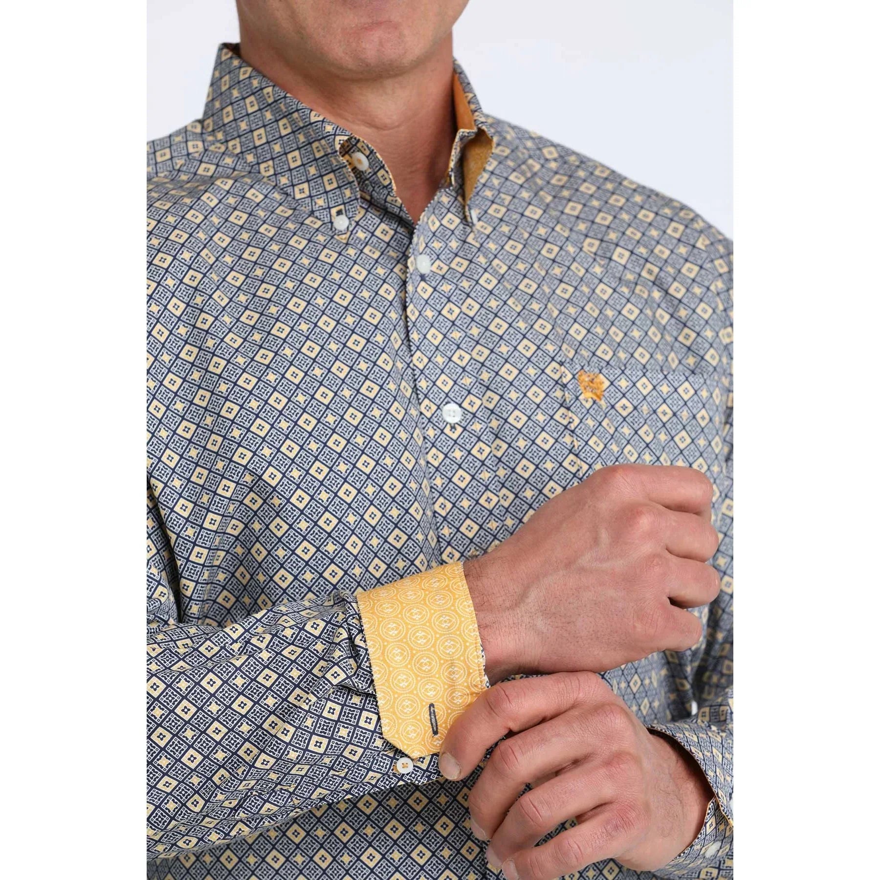 Men's Cinch Long Sleeve Blue and Yellow Geo Print Button Up Shirt MTW1106073
