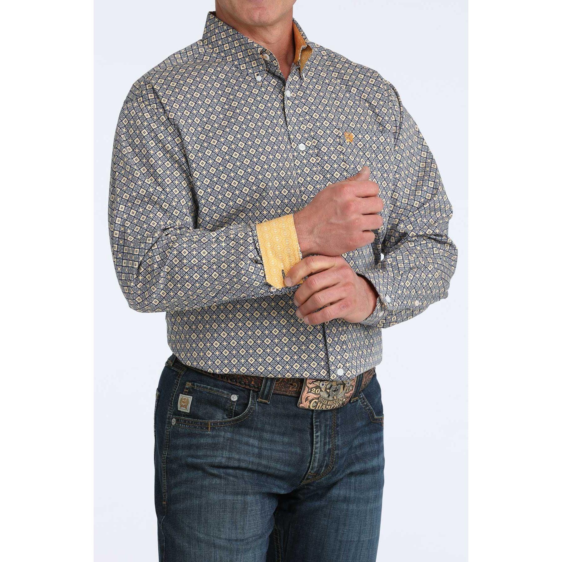 Men's Cinch Long Sleeve Blue and Yellow Geo Print Button Up Shirt MTW1106073